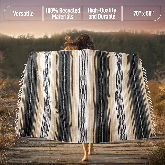 Authentic Large Handwoven Mexican Blanket - Soft Yoga Blankets - Durable Serape - Lightweight Falsa Blanket, Beach, Camping, Picnic, Equestrian Saddle, Outdoor Blankets 70"x50" - Sand