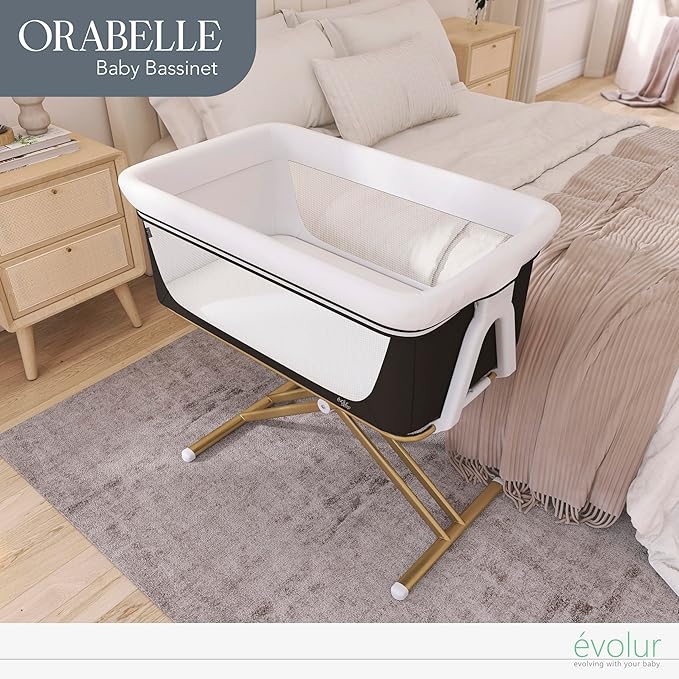 Evolur Orabelle Baby Bassinet & Bedside Sleeper, Breathable Mesh Sides, Plush Mattress Pad with Removable Cover, Tool-Free Assembly, Quick Foldable Steel Frame Compact Design with Travel Bag – Black