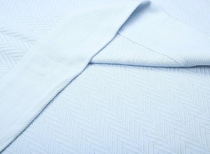 Threadmill Luxury Cotton Blankets for Queen Size Bed | All-Season 100% Cotton Queen Size Blanket | Herringbone Cozy, Soft Breathable Fall Thermal Blanket fits Full Size Bed | Light Blue