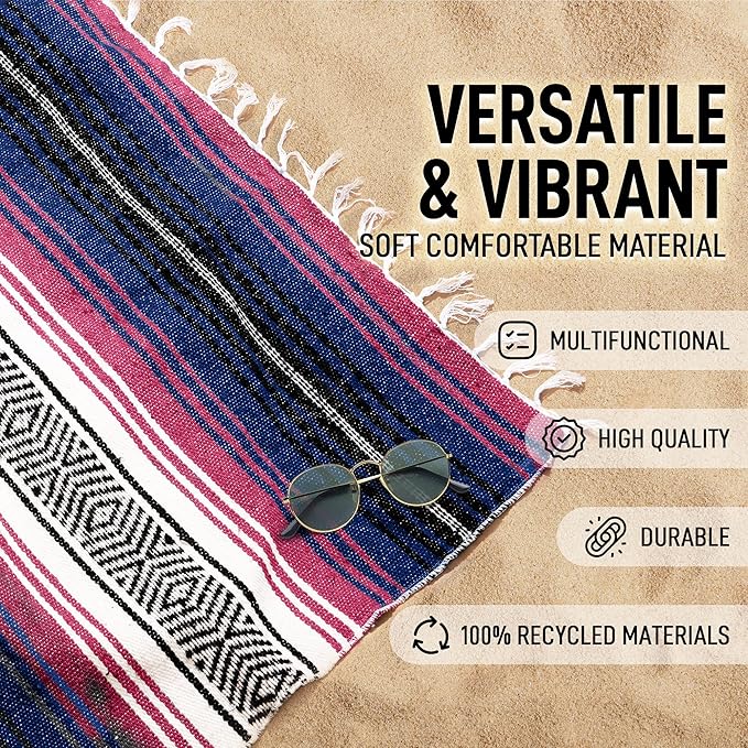 Hydration Nation Authentic Extra Large Mexican Blanket (70"x50") - Handwoven Yoga, Serape- Artisanal Falsa, Beach, Camping, Picnic, Outdoor - Twilight