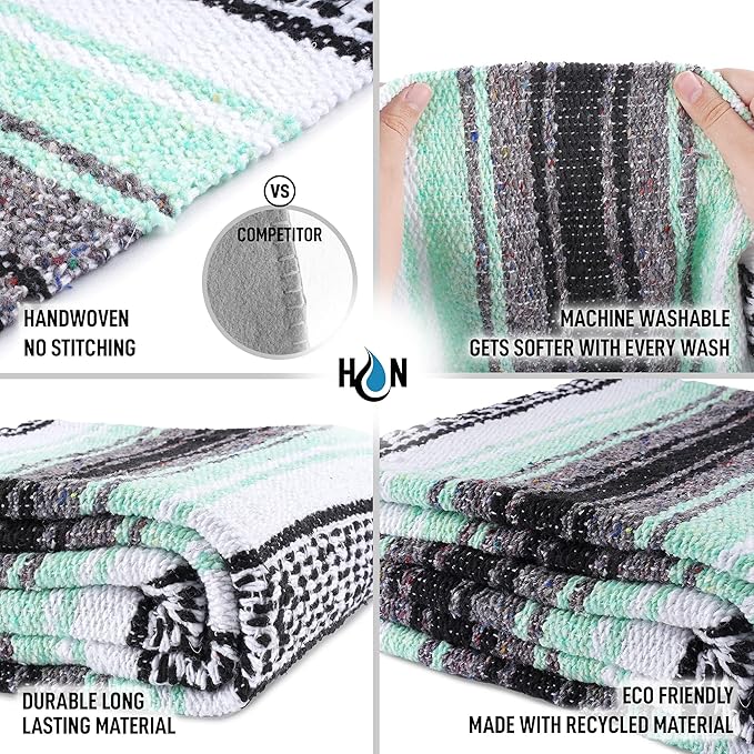 Hydration Nation Authentic Extra Large Mexican Blanket (70"x50") - Handwoven Yoga, Serape- Artisanal Falsa, Beach, Camping, Picnic, Outdoor (Aqua Green)