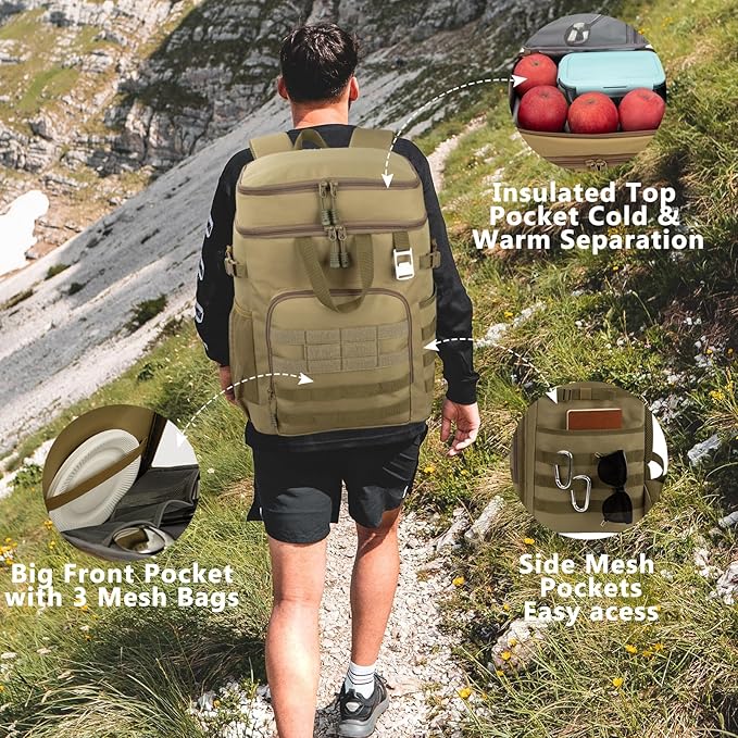 Pyrrhus 43L Cooler Backpack 45/55 Cans Insulated Leak Proof Tactical Backpack,2 Insulated Comaprtments Thermal Bag,Large Lunch Outdoor Backpack for Picnic, Beach, Work,Trip