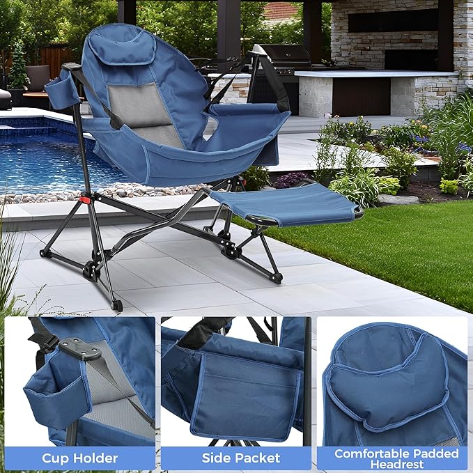 Ainfox Hammock Camping Chair with Footrest, Foldable Portable Rocking Chairs for Adults Outside Swinging Camp with Cup Holder Pillow for Outdoor Patio Poolside (Dark Blue)