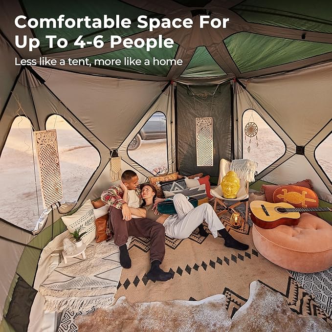 ACACIA Space Camping Tent XL, 4-6 Person Large Tent with 6'10'' Height, 2 Doors, 8 Windows, Waterproof Easy Setup Hub with Rainfly, Footprint Pop Up for Camping, Car, Glamping, Pistachio