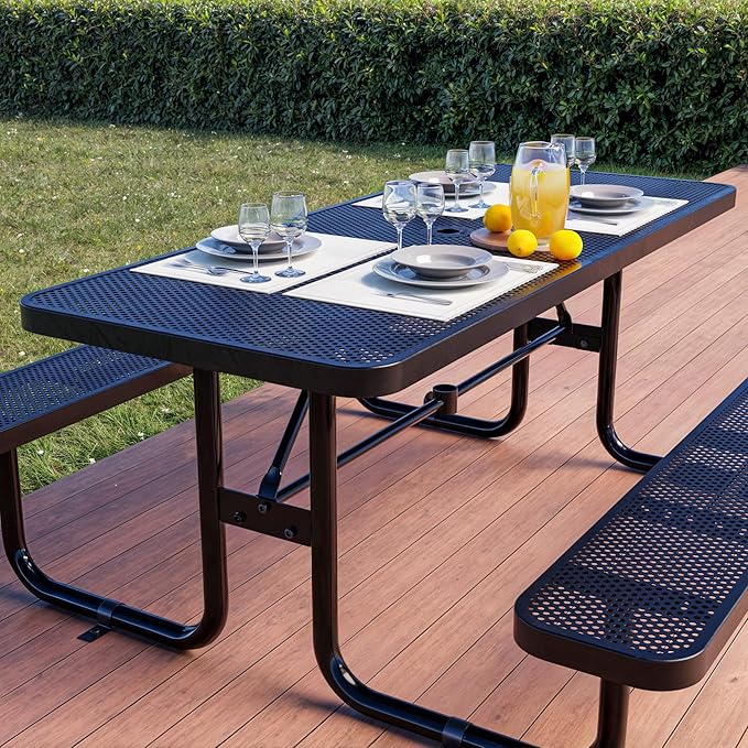 Metal Picnic Furniture for Outdoors with Umbrella Hole - Coated Steel Heavy Duty Commercial Grade Table with Adjustable Seats, Patio Set for a Lifetime (Black, 8' Rectangular, Punched Steel)