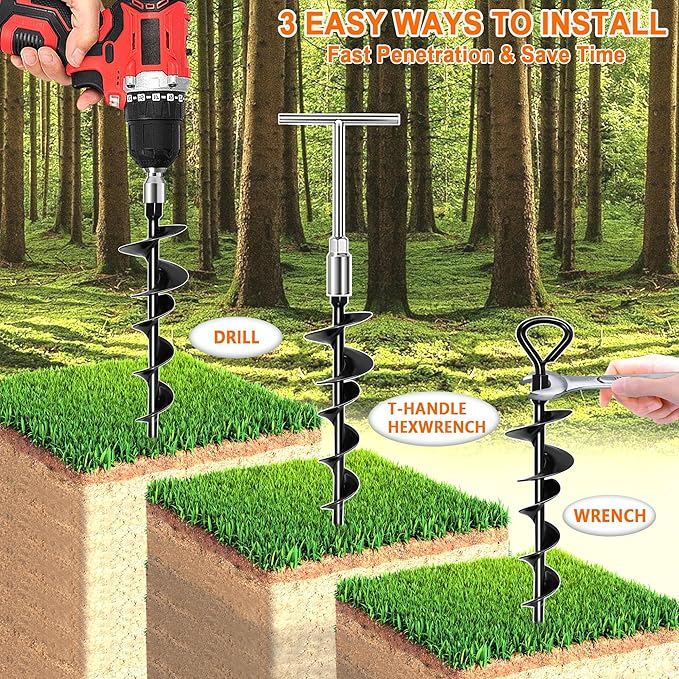Ground Anchors Screw in 15 Inch, 4Pack Tent Stakes Heavy Duty with T-Handle Hex Wrench and Power Nut Driver