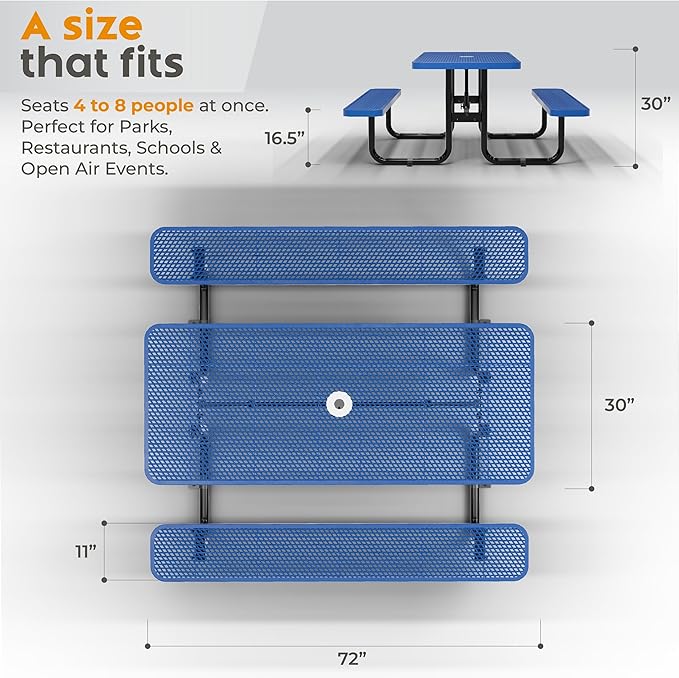 Metal Picnic Furniture for Outdoors with Umbrella Hole - Coated Steel Heavy Duty Commercial Grade Table with Adjustable Seats, Patio Set for a Lifetime (Blue, 6' Rectangular)