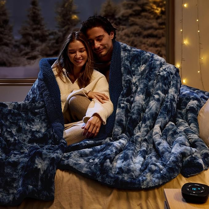 Bedsure Faux Fur Electric Blanket Queen Size, Dual Control Heated Blanket Queen, Fast Heating Blanket with 10 Heating Levels & 10 Time Settings, Cozy Gifts for Women Men (84x90 inches, Denim Blue)
