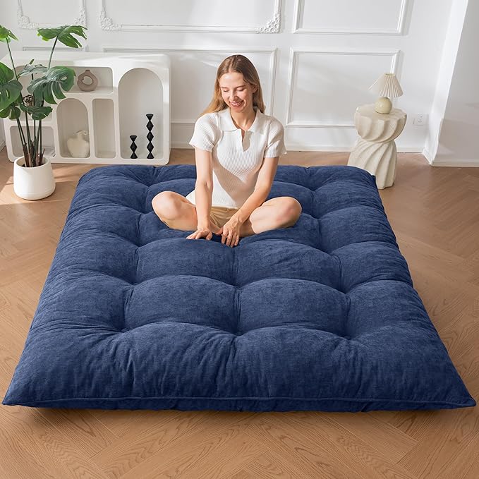 MAXYOYO Floor Mattress Full Size, 6" Chenille Japanese Futon Mattress Foldable Floor Bed for Adults Tufted Roll Up Floor Couch Bed, Tatami Mat Sleeping Pad for Living Room, Bedroom, Navy