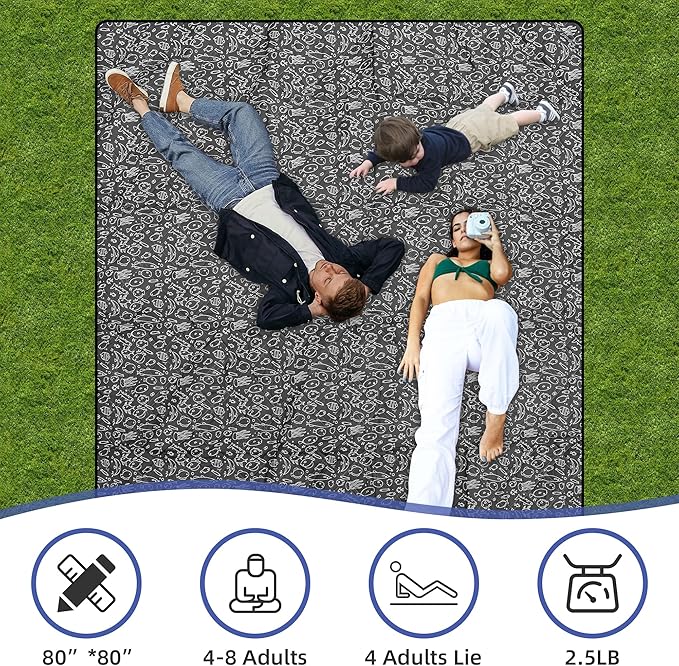 Outdoor Picnic Blanket Black Fish 80"x80" Large Sandproof Beach Blanket Waterproof Picnic Blankets Foldable for Caming, Beach, Outdoor Activities.