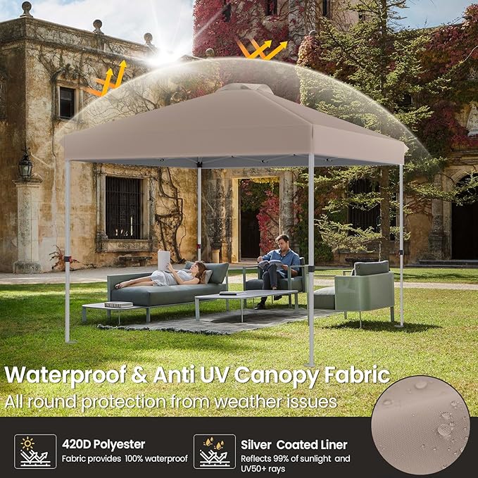 10x10 Pop Up Canopy, Heavy Duty Pop Up Tent with Wheeled Bag for Easy Moving, Easy Up Canopy Tent for Parties, Events, Camping, Outdoor Gazebo with 420D PU Coated Waterproof Brown Fabric