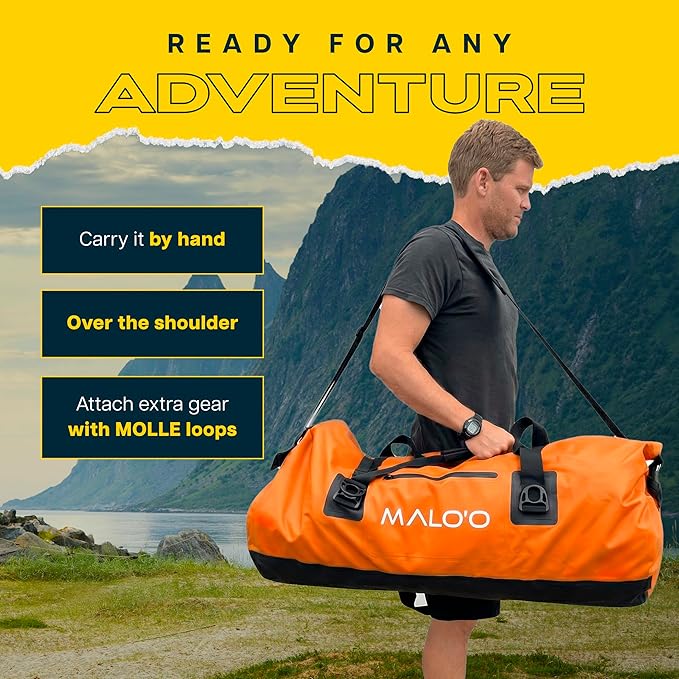 Malo’o Waterproof Dry Duffel, Heavy-Duty Roll Top Waterproof Gear Bag with Shoulder Strap & Molle Loops, Marine Duffel for Kayaking, Boating, Camping, Beach & Travel, Orange, 100L