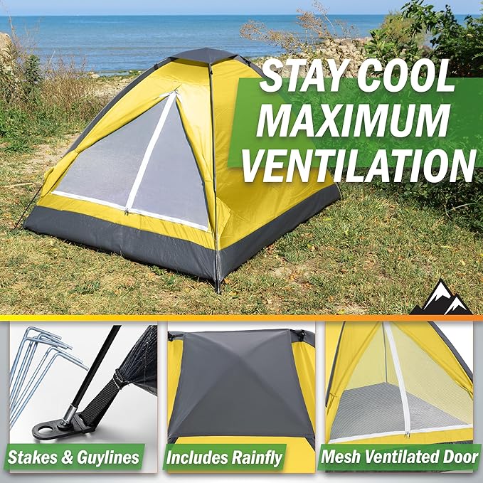 2 Person Outdoors Camping Tent with Rain Fly and Carrying Bag - Lightweight Outdoor Pop Up Tents for Camping Essentials, Music Festivals, Backpacking, Hiking, or Beach Shelter by Wakeman Outdoors