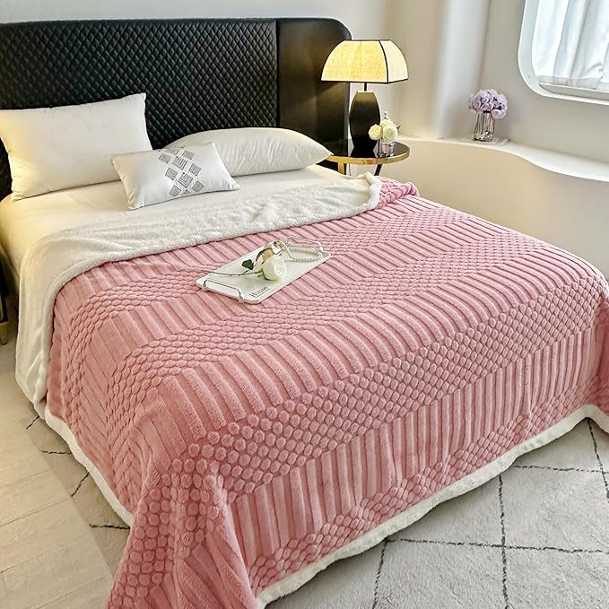 UKELER Sherpa Bed Blanket 80 × 90 inch, Ultra Soft Queen Size Throw Blankets for All Season, Cozy Plush Striped Fleece Blanket for Bedroom Living Room Dorm Hostel Sofa Camping, Pink