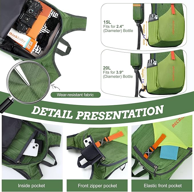 15L Small Hiking Backpack for Men Women Foldable Packable Back Pack Ultralight Hiking Daypack for Travel Camping Outdoor, Olive Green