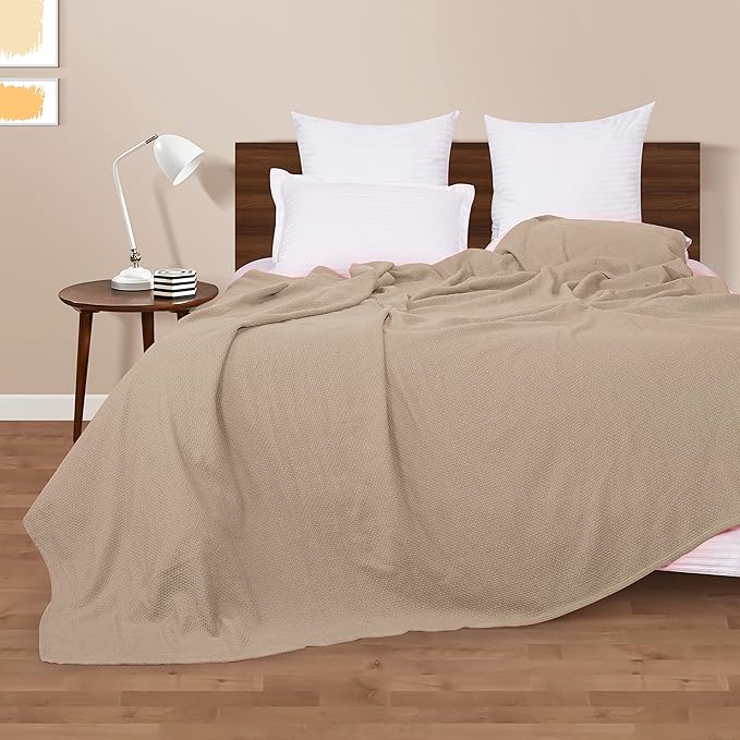 BOUTIQUO 100% Cotton Bed Blanket, Breathable Thermal Blanket Full - Queen Size, Soft Honeycomb Waffle 90''x90'', Perfect for Layering Any All Season, Beige, (90''x90'') (70474)