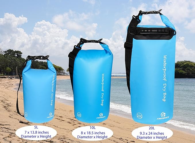 Freegrace Waterproof Dry Bags Set Of 3 Dry Bag With 2 Zip Lock Seals & Detachable Shoulder Strap, Waist Pouch & Phone Case - Can Be Submerged Into Water - For Swimming (Sky Blue, 10L)