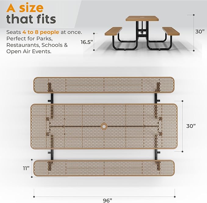 Metal Picnic Furniture for Outdoors with Umbrella Hole - Coated Steel Heavy Duty Commercial Grade Table with Adjustable Seats, Patio Set for a Lifetime (Brown, 8' Rectangular)