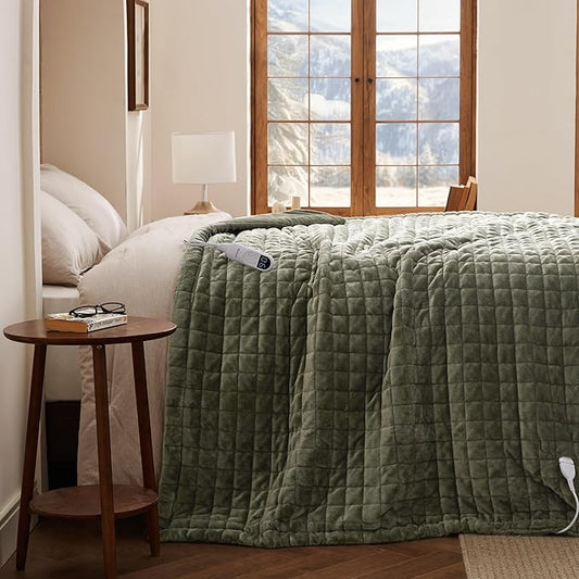 Bedsure Electric Blanket Twin - Quilted Heated Blanket Twin Size, Soft Flannel Thick Heating Blanket with 10 Time Settings & 6 Heat Settings, Warm Gifts for Women Men (62x84 inches, Olive Green)