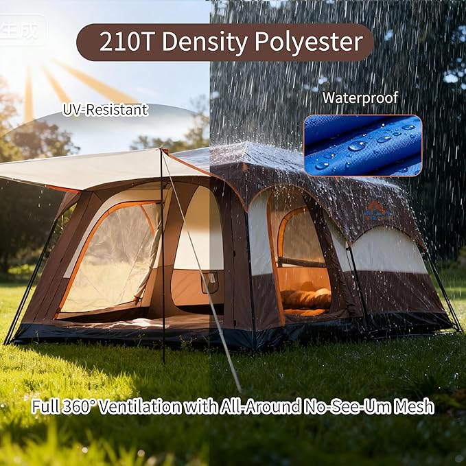 Large Family Standing Upright Camping Tent - 5-12 Persons Multi-Room Waterproof Tent with Screened Porch - Glamping Tent for Outdoor Camping & Family Vacation