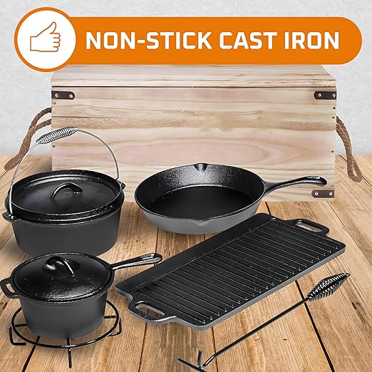 Bruntmor Camping Cooking Set of 7. Pre Seasoned Cast Iron Pots and Pans Dutch Oven with Lids for Outdoor Comefire. Grill Cookware Skillet Sets with Storage Box