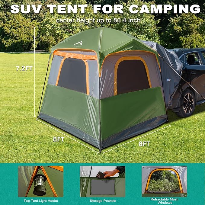 SUV Tent for Camping,Waterproof PU2000mm, Fits 5-8 People,Spacious Double Layer Design, Includes Rainfly & Storage Bag, 8FT L x 8FT W x 7.2FT H | for Camping, Waterproof PU2000mm, Spacious Double Layer Design, Includes Rainfly, Storage Bag