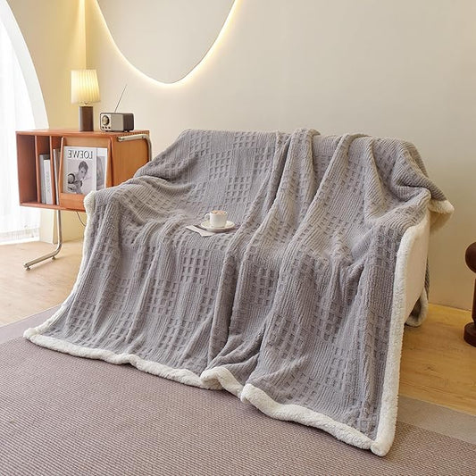 UKELER Sherpa Bed Blanket 80 × 90 inch, Ultra Soft Queen Size Throw Blanket for All Season, Cozy Plush Checkered Fleece Blankets for Bedroom Living Room Dorm Hostel Sofa Camping, Light Grey