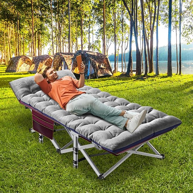 ABORON Folding Camping Cot W/Mat for Adults, Heavy Duty Outdoor Bed with Carry Bag,1200 D Layer Oxford Travel Camp Cots