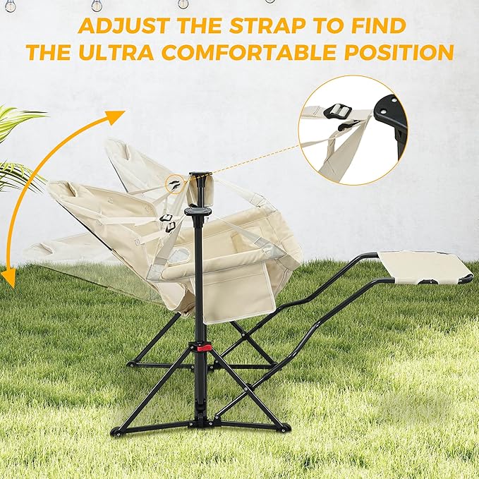 Ainfox Hammock Camping Chair with Footrest, Foldable Portable Rocking Chairs for Adults Outside Swinging Camp with Cup Holder Pillow for Outdoor Patio Poolside (Beige)