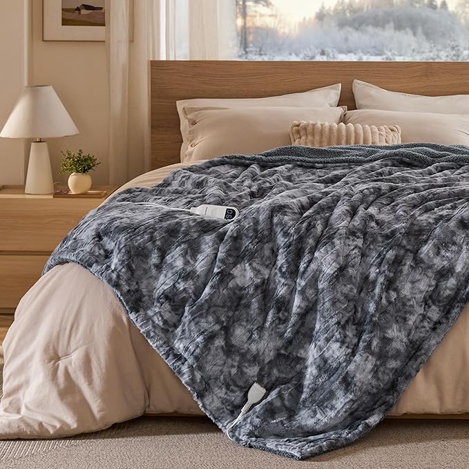 Bedsure Faux Fur Heated Blanket Full Size, Fast Heating Electric Blanket Full Size with 6 Heating Levels & 10 Time Settings, Cozy Gifts for Women Men (72x84 inches, Grey)