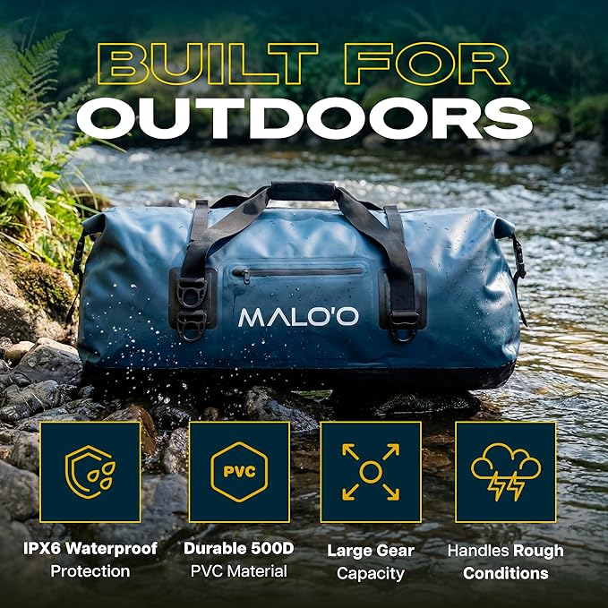 Malo’o Waterproof Dry Duffel, Heavy-Duty Roll Top Waterproof Gear Bag with Shoulder Strap & Molle Loops, Marine Duffel for Kayaking, Boating, Camping, Beach & Travel, Black, 100L