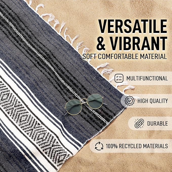 Hydration Nation Authentic Extra Large Mexican Blanket (70"x50") - Handwoven Yoga, Serape - Artisanal Falsa, Beach, Camping, Picnic, Outdoor (Blue Haze)