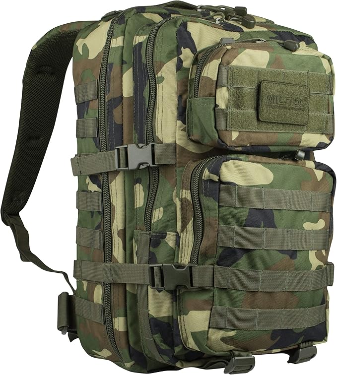 Mil-Tec Unisex Assault Pack - Rugged Durable Lightweight Ergonomic Versatile Tactical Outdoor Camping Hiking Backpack with Adjustable Padded Shoulder Straps & MOLLE Loops, Woodland Camo, 20L