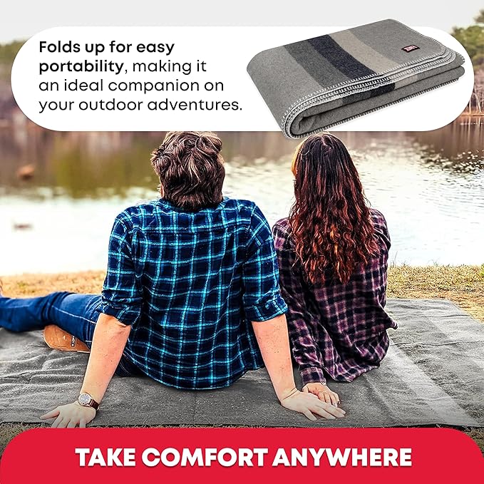 Military Wool Blanket - 95% Wool, Washable, Perfect for Outdoors, Picnics, Travel, Car & Bushcraft Emergency Blanket, 96" x 96" 6.65 lbs. - Grey with Stripes - Queen Size