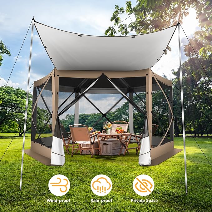 COBIZI 12x12FT Pop Up Gazebo Screen Tent Screen House for Camping, Camping Outdoor Screened Gazebo with Sidewalls, Hub Tent Instant Screened Canopy with Carrying Bag and Ground Stakes, khaki(Upgraded)