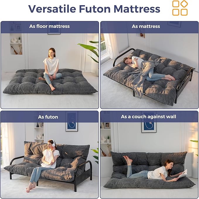 MAXYOYO 6" Japanese Floor Mattress, Foldable Futon Mattress Queen Size, Tufted Roll Up Floor Bed, Thick Tatami Mat Sleeping Pad Portable Lounger for Camping Guest Room Dormitory Bedroom RV, Dark Grey
