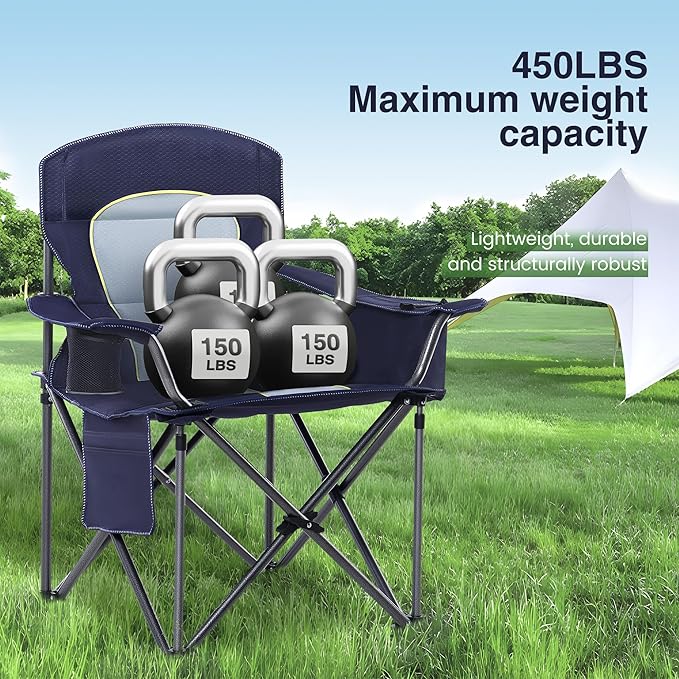 HIGH POINT SPORTS Oversized Camping Folding Chair, Heavy Duty Portable Outdoor Chair, Foldable Camp Chair with Cup Holder and Cooler Bag Support 450 LBS, Dark Blue…