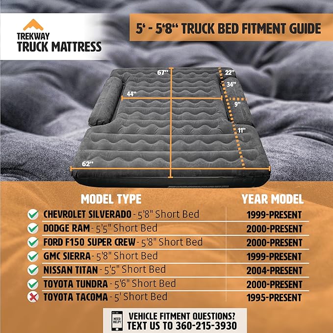Offroading Gear Truck Bed Air Mattress | 5.5ft to 5.8ft Truck Box | Trekway | F150 | Ram 1500 | Silverado | Tundra | Titan | Converts to Full Double Size Bed | Inflatable Blow Up