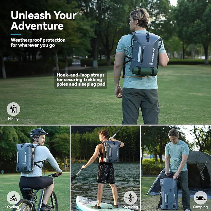 MARCHWAY Roll Top Waterproof Backpack, Floating Dry Bag 20L/30L/45L with Ergonomic Rectangular Base, Cushioned Back, Hip Strap for Hiking Camping Kayaking Travel (Grey, 45L)