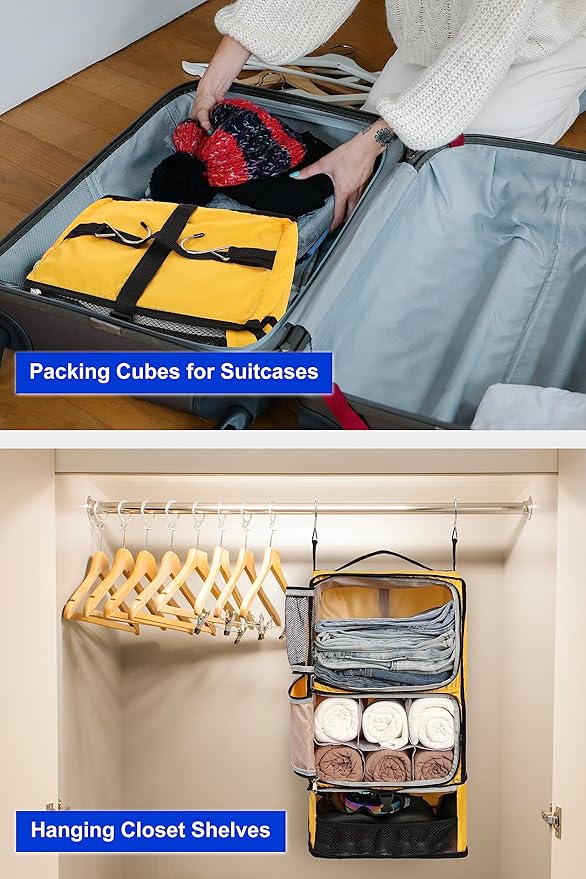 ELEZAY Hanging Packing Cubes Portable Closet 3-Shelf Travel Collapsible Compression Garment Organizer for Carry-on Luggage Suitcase Space Saver Bag X-Large_No Side Pockets, Yellow