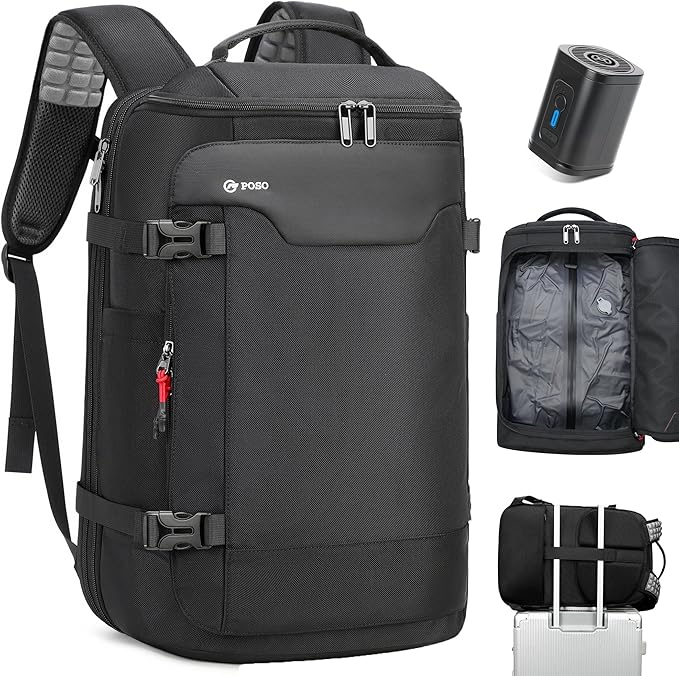 P POSO Vacuum Backpack Travel 60L Expandable Vacuum Seal Compression Travel Backpack with Pump, Laptop Compartment, Water-Resistant Business & Travel Carry-On Easyvacpack Vacuum Christmas Gift for Men