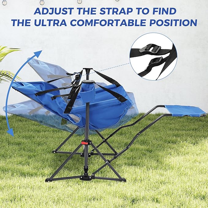 Ainfox Hammock Camping Chair with Footrest, Heavy Duty Foldable Portable Rocking Hammock Chairs Outside Swinging Camp with Cup Holder Pillow for Outdoor Patio Poolside Grey Blue