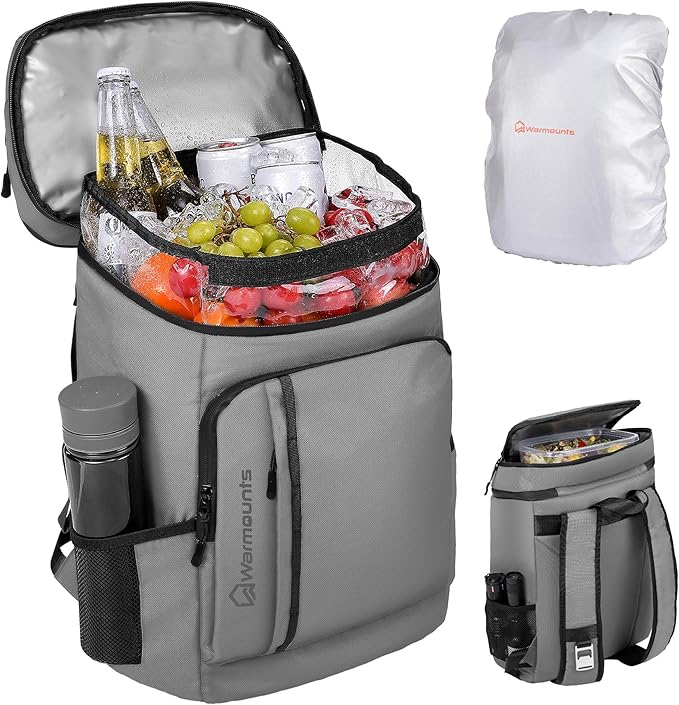 WARMOUNTS Insulated Waterproof Cooler Backpack 36 Cans, Soft Sided Ice Chest Cooler w/Leak Proof Liner, 5-Layer Insulation Portable Lunch Backpack for Camping, Beach, Fishing, Picnic, Travel (Gray)