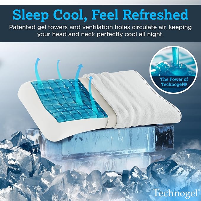 Technogel Contour Pillow with Cooling Gel – Ergonomic Neck, Shoulder and Cervical Support – Memory Foam with Temperature Regulation – for Back, Side Sleeper - Dual Heights Design, (4" & 4.5")