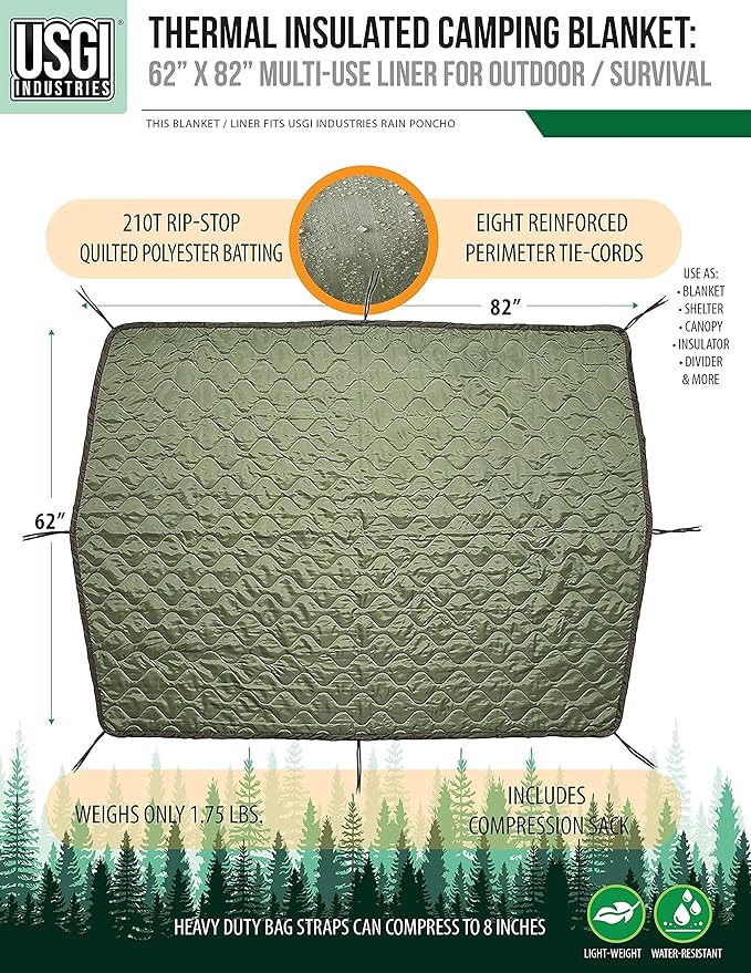 USGI Industries Military Woobie Blanket | Thermal Insulated Camping Blanket, Poncho Liner | Large, Portable, Insulation, Water-Resistant, for Hiking, Survival | Compression Carry Bag
