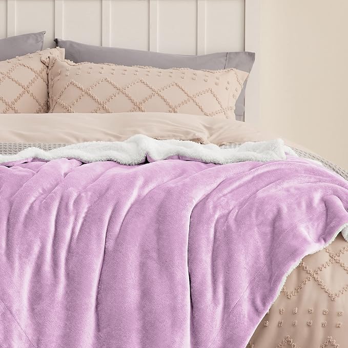 Bedsure Sherpa Fleece Blankets King Size for Bed - Thick and Warm, Soft Fuzzy Plush King Blanket for Winter, Lilac, 108x90 Inches