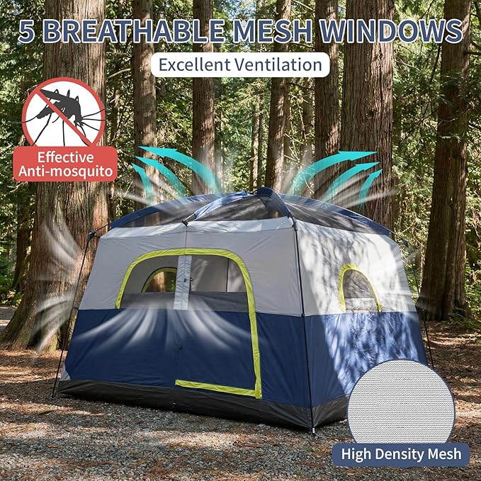 Outvita 6 Person Camping Tent with Carry Bag, Waterproof Windproof Easy Setup, Portable Family Camping Tent with 1 Mesh Door & 5 Large Mesh Windows, 10'X9'X83in