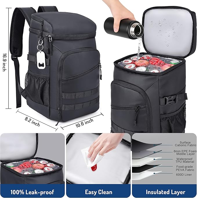 Cooler Backpack, 33 Cans Tactical Inspired Backpack Cooler Insulated Leak Proof for Men & Women Portable 2 Leak Proof Compartments Coolers Bag for Beach Travel Picnic Lunch Hiking BBQ Camping