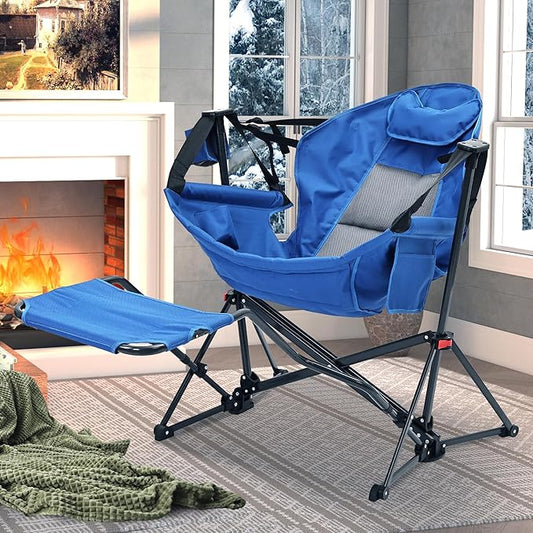 Ainfox Hammock Chair with Footrest, Oversized Swinging Portable Folding Camping Chairs for Adults Outside Swinging Camp with Cup Holder Pillow for Outdoor Patio Lawn Blue