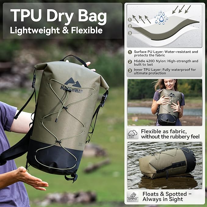 MARCHWAY Floating Roll Top Dry Bag, Flexible Lightweight TPU Waterproof Backpack 20L/30L/40L with Padded Straps for Boating, Kayaking, Swimming, Hiking, Beach (Green, 20L)